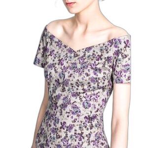 Zara Purple Bloomcore Floral Knee Length Vtg Off the Shoulder Wiggle Dress Sz XS